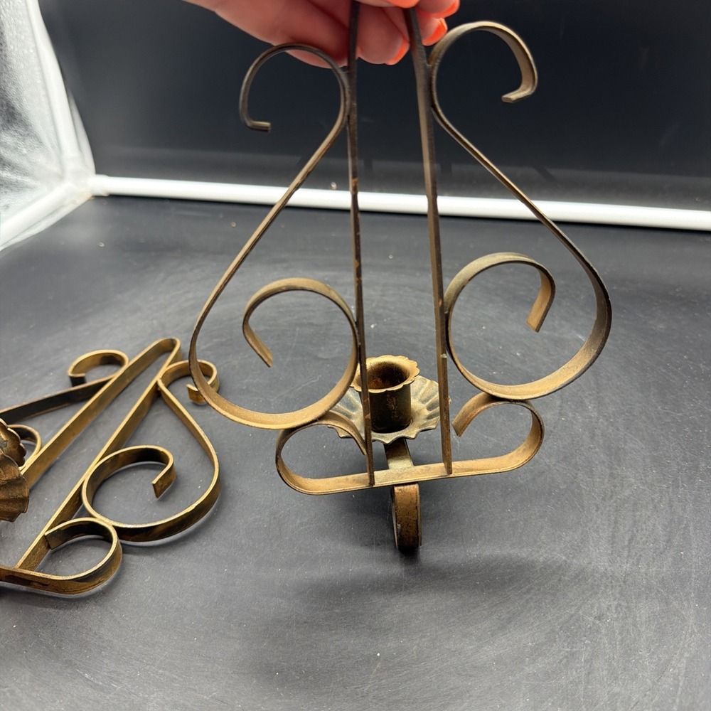 2 Vtg MCM Gold Tone Metal Wall Candle Holders Flower Sconce Retro Home Interior - Picture 7 of 8